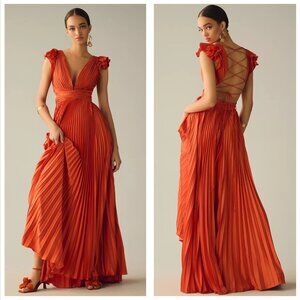 $498 Mac Duggal Size 4 Orange Pleated Corset Lace Up Back Ruffle Gown Maxi Dress